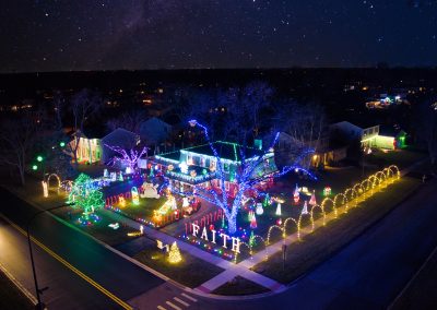Drone shot of holiday lights in Chicago Suburbs