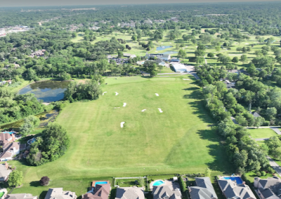 drone footage over a golf course and resort